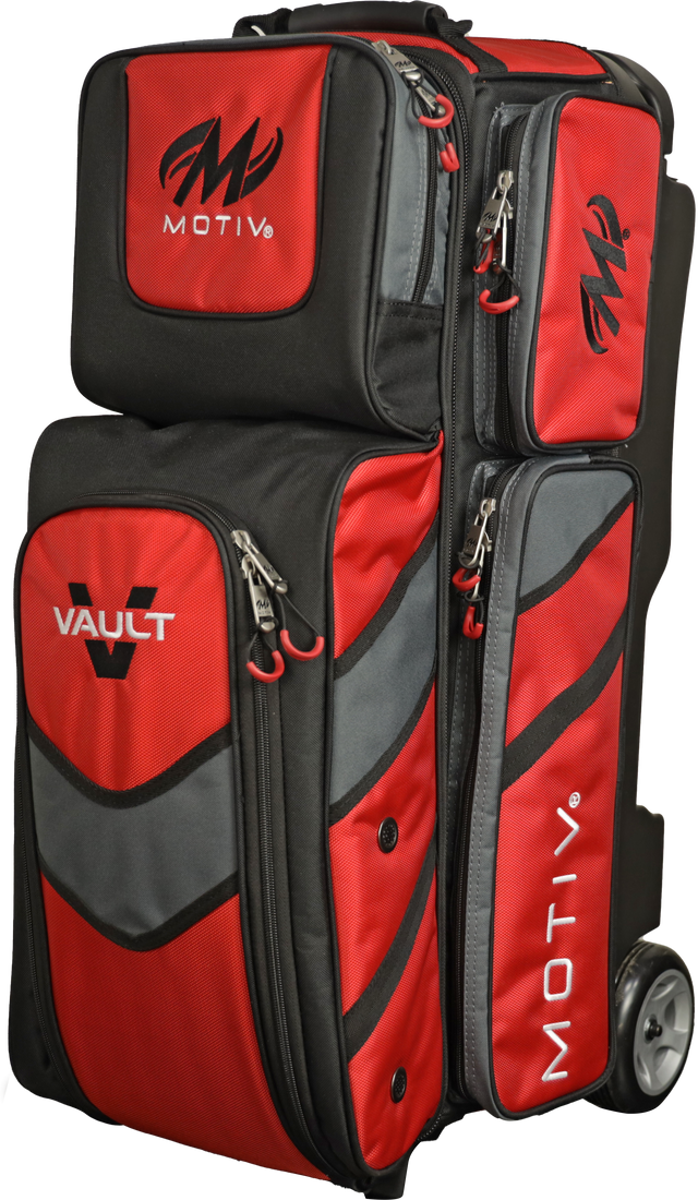 Motiv Vault 3 Ball Triple Roller Fire Red Bowling Bag suitcase league tournament play sale discount coupon online pba tour