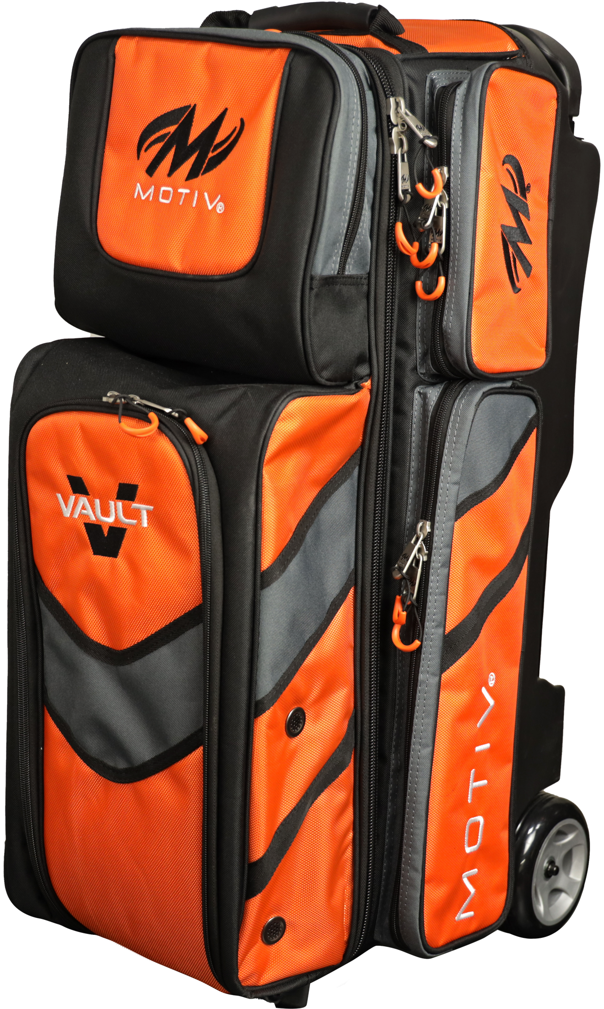 Motiv Vault 3 Ball Triple Roller Tangerine Bowling Bag suitcase league tournament play sale discount coupon online pba tour