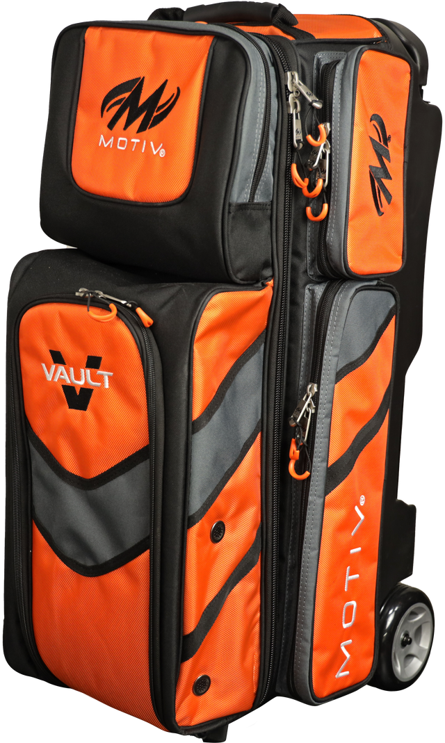 Motiv Vault 3 Ball Triple Roller Tangerine Bowling Bag suitcase league tournament play sale discount coupon online pba tour