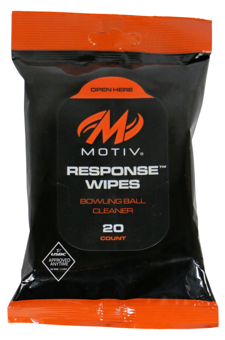 Motiv Response Ball Cleaning Wipes Cleans and removes marks, dirt, lane oil, and grime from bowling ball surface. Compact design fits easily into bowling bag. Resealable pouch. Heavy-duty citrus cleaner. Cleaners like the Response Ball Cleaning Wipes are no longer USBC approved for anytime use; the wipes can be used before or after sanctioned leagues and events. 20/pkg