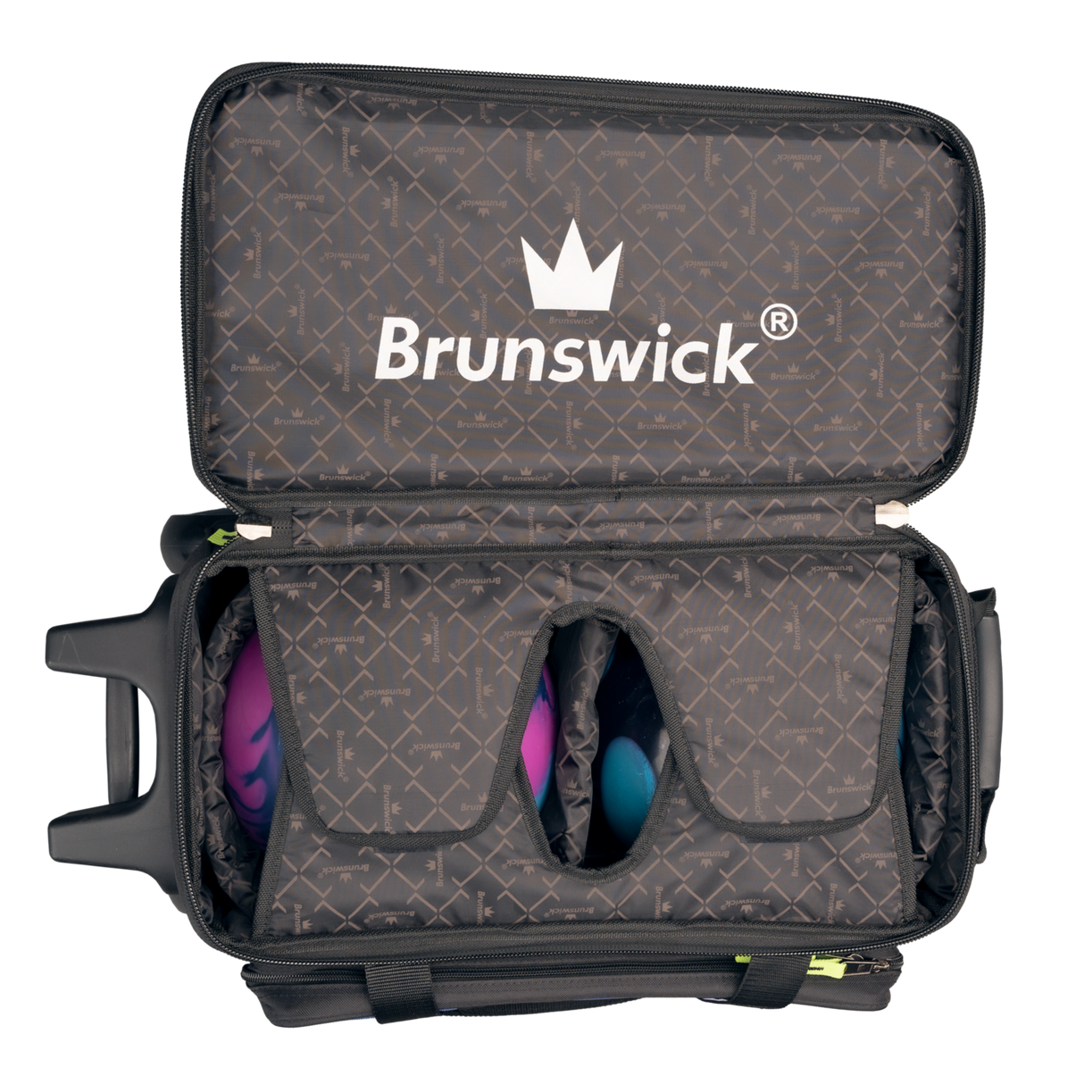 brunswick 2 ball roller charger bowling bag travel suitcase league tournament play sale discount coupon online pba tour quest black