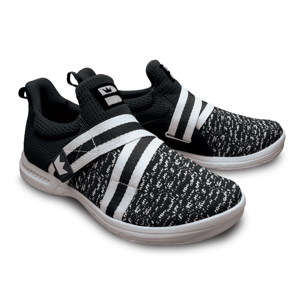 Brunswick Slingshot Black/White Bowling Shoes * Athletic performance knit * Easy to slip on * No lace fastening system * Extra-light molded EVA outsole * Raised rubber heel for a controlled slide * Pure slide microfiber slide soles on both sides * Superior slide immediately *  * 