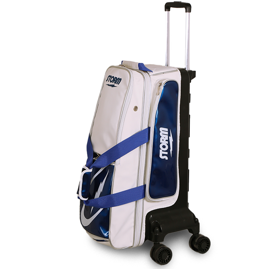 Storm Rolling Thunder Signature 3 Ball Roller (4-Wheel Edition) White/Blue Bowling Bag suitcase league tournament play sale discount coupon online pba tour