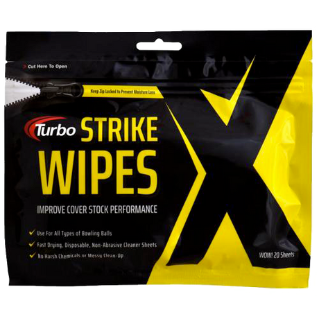 Turbo Strike Wipes 20 Sheet/Zipper Pack * Safely & conveniently removes lane oil, surface grime and belt marks! * Fast drying, non-abrasive! * Strike Wipes are permitted for use Before and After competition