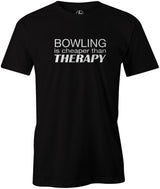 Bowling is Cheaper Than Therapy Men's T-Shirt, Black, cool, funny, tshirt, tee, tee shirt, tee-shirt, league bowling, team bowling, ebonite, hammer, track, columbia 300, storm, roto grip, brunswick, radical, dv8, motiv.