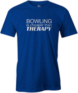 Bowling is Cheaper Than Therapy Men's T-Shirt, Blue, cool, funny, tshirt, tee, tee shirt, tee-shirt, league bowling, team bowling, ebonite, hammer, track, columbia 300, storm, roto grip, brunswick, radical, dv8, motiv.