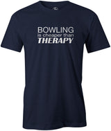 Bowling is Cheaper Than Therapy Men's T-Shirt, Navy, cool, funny, tshirt, tee, tee shirt, tee-shirt, league bowling, team bowling, ebonite, hammer, track, columbia 300, storm, roto grip, brunswick, radical, dv8, motiv.