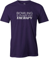 Bowling is Cheaper Than Therapy Men's T-Shirt, Purple, cool, funny, tshirt, tee, tee shirt, tee-shirt, league bowling, team bowling, ebonite, hammer, track, columbia 300, storm, roto grip, brunswick, radical, dv8, motiv.
