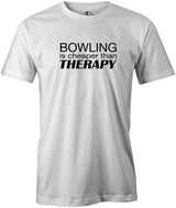 Bowling is Cheaper Than Therapy Men's T-Shirt, White, cool, funny, tshirt, tee, tee shirt, tee-shirt, league bowling, team bowling, ebonite, hammer, track, columbia 300, storm, roto grip, brunswick, radical, dv8, motiv.