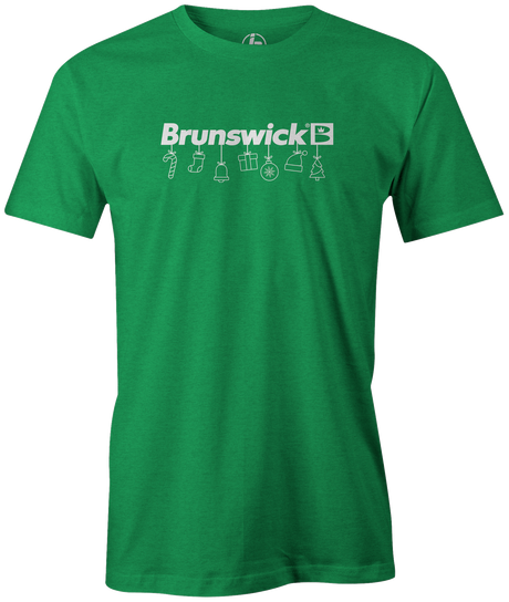 Tis' the season for Christmas bowling tee shirts. Show your Merriness on and off the lanes with the Brunswick bowling Holiday T-shirt!  ugly t-shirt comes in red and black colors. Show your holiday spirit with this shirt that helps you hook the ball at your office party or night out with your friends!  Bowling gift holiday gift guide. Tee-shirt gift. Christmas Tree