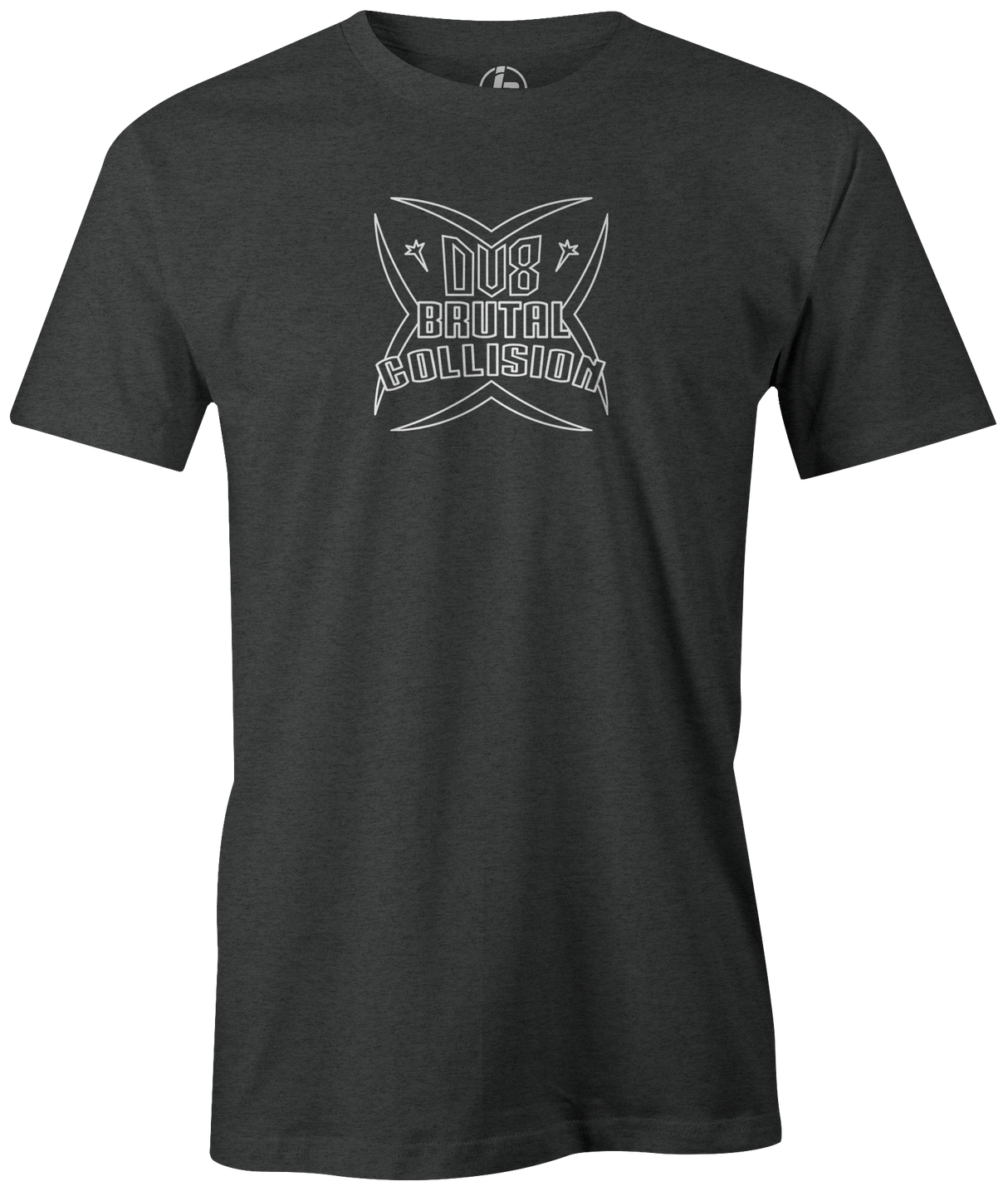 The DV8 Brutal Collision tee is available in both Purple and Charcoal.. This is the perfect gift for any DV8 bowling fan or avid bowler. Tee, tee shirt, tee-shirt, t-shirt, t shirt, team bowling shirt, league bowling shirt, brunswick bowling, bowling brand, usbc, pba, pwba, apparel, cool tee. 