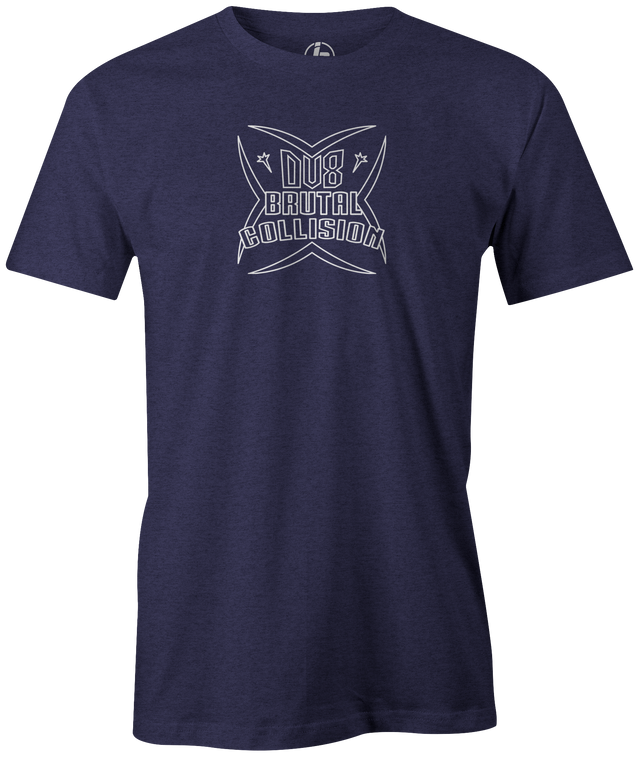 The DV8 Brutal Collision tee is available in both Purple and Charcoal.. This is the perfect gift for any DV8 bowling fan or avid bowler. Tee, tee shirt, tee-shirt, t-shirt, t shirt, team bowling shirt, league bowling shirt, brunswick bowling, bowling brand, usbc, pba, pwba, apparel, cool tee. 