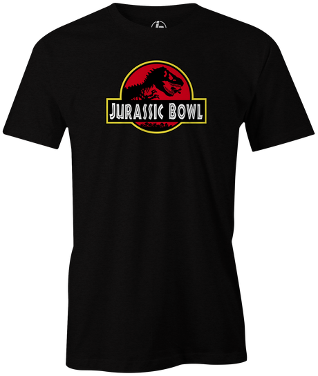Jurassic Bowl Men's T-Shirt, Black, bowling, funny, cool, vintage, novelty, movie, Jurassic Park, league bowling team shirt, tournament shirt, dinosaurs.