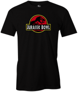 Jurassic Bowl Men's T-Shirt, Black, bowling, funny, cool, vintage, novelty, movie, Jurassic Park, league bowling team shirt, tournament shirt, dinosaurs.