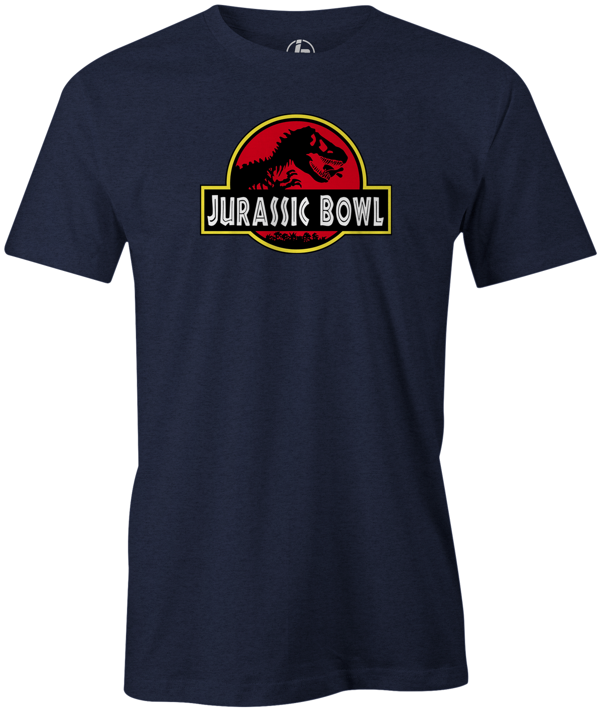 Jurassic Bowl Navy T-Shirt, Red, bowling, funny, cool, vintage, novelty, movie, Jurassic Park, league bowling team shirt, tournament shirt, dinosaurs.