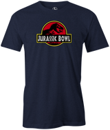 Jurassic Bowl Navy T-Shirt, Red, bowling, funny, cool, vintage, novelty, movie, Jurassic Park, league bowling team shirt, tournament shirt, dinosaurs.