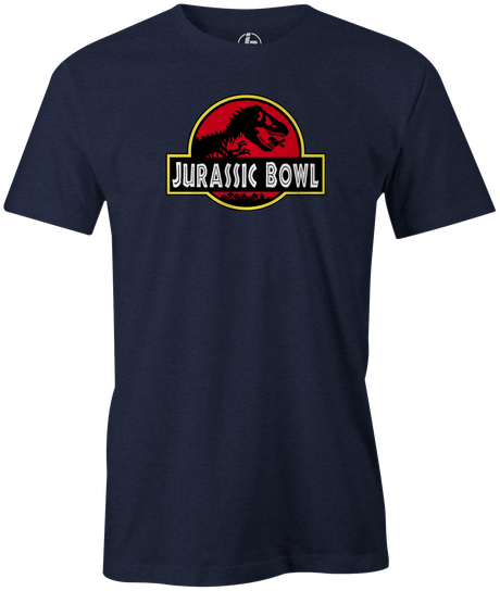 Jurassic Bowl Navy T-Shirt, Red, bowling, funny, cool, vintage, novelty, movie, Jurassic Park, league bowling team shirt, tournament shirt, dinosaurs.