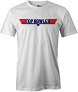 Do you feel the need... the need for bowling? Enjoy this 80's classic shirt and show everyone in your league that you are the top bowler. Top Gun, Tom Cruise, Maverick, Goose, Ice Man, Movie, Black, Navy and White. 