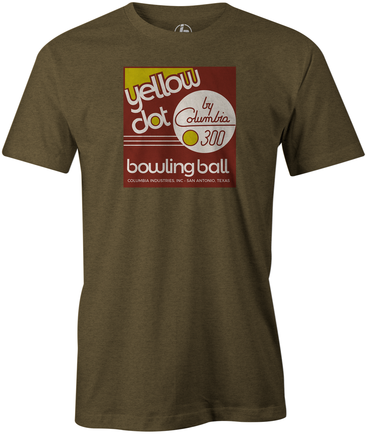 Yellow Dot Men's T-shirt, Army Green, Retro, Bowling, Tshirt, tee, tee-shirt, tee shirt. Bowling ball. Columbia 300.