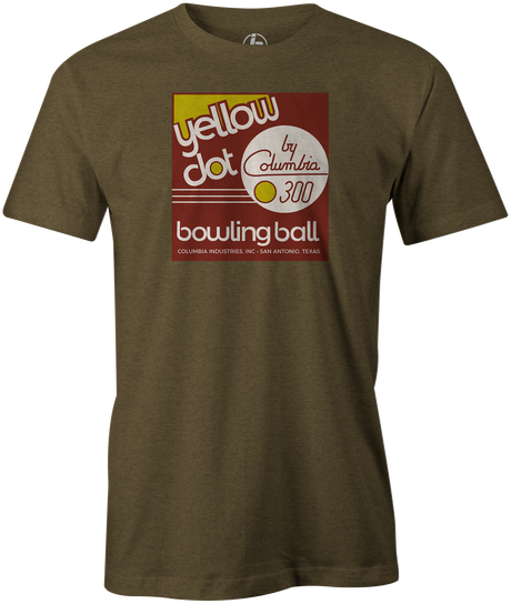 Yellow Dot Men's T-shirt, Army Green, Retro, Bowling, Tshirt, tee, tee-shirt, tee shirt. Bowling ball. Columbia 300.