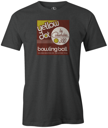 Take home a piece of history with this classic Yellow Dot Retro Style T-shirt! Hit the lanes in this awesome shirt and knock down some pins! This is the perfect gift for any long time bowler or fan of Columbia 300! Tshirt, tee, tee-shirt, tee shirt, Pro shop. League bowling team shirt. PBA. PWBA. USBC. Junior Gold. Youth bowling. Tournament t-shirt. Men's. 