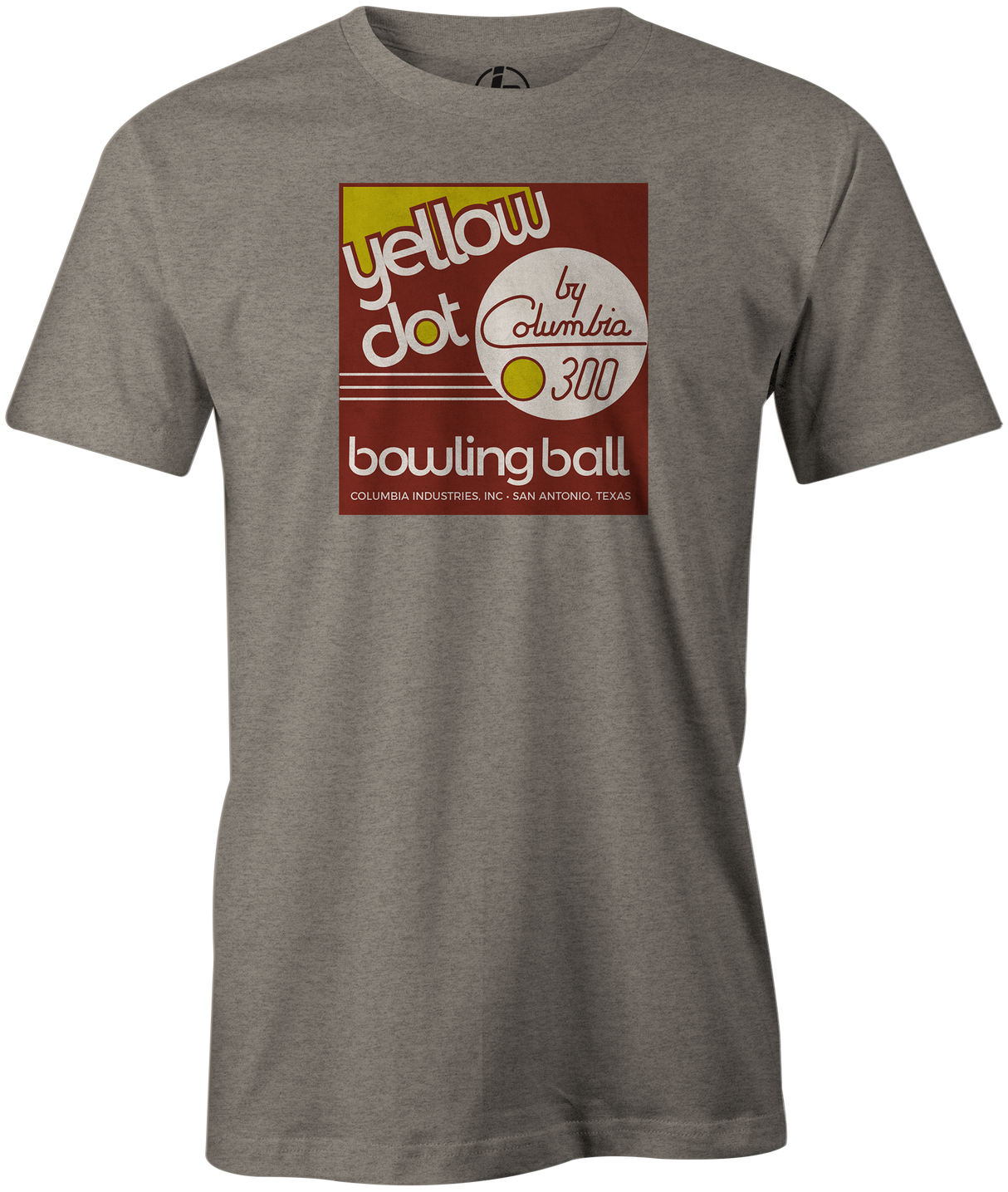 Yellow Dot Men's T-shirt, Grey, Retro, Bowling, Tshirt, tee, tee-shirt, tee shirt. Bowling ball. Columbia 300.
