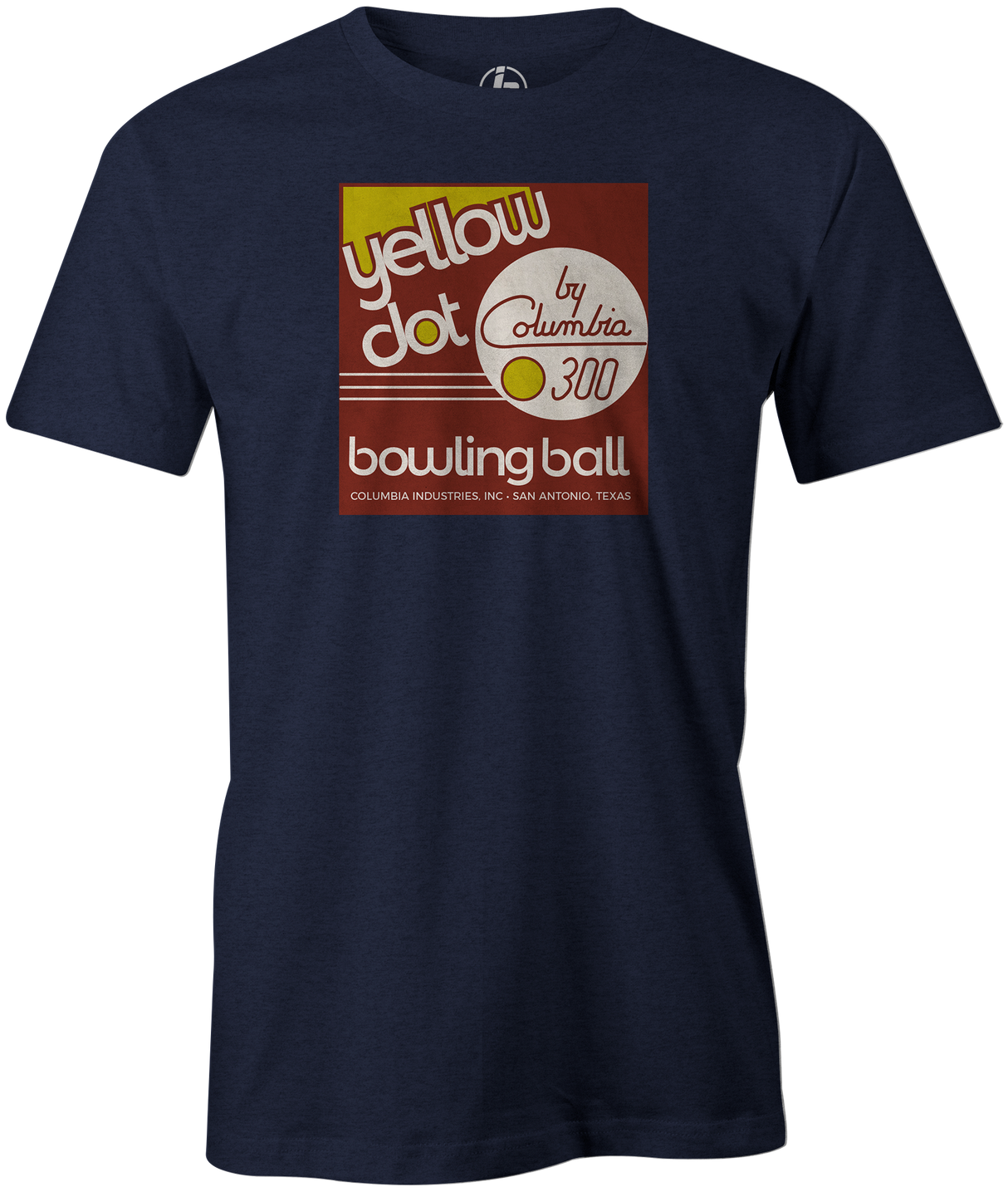 Yellow Dot Men's T-shirt, Navy, Retro, Bowling, Tshirt, tee, tee-shirt, tee shirt. Bowling ball. Columbia 300.