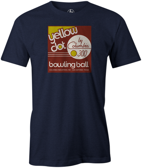 Yellow Dot Men's T-shirt, Navy, Retro, Bowling, Tshirt, tee, tee-shirt, tee shirt. Bowling ball. Columbia 300.