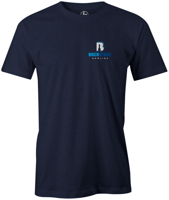 Backstage Bowling T-shirt, men's, navy, tee, tee-shirt, t shirt, apparel, merch, practice, lanes, free shipping, discount, cheap, coupon, shannon o'keefe, bryan o'keefe, mike jasnau, mike shady, coaching, membership, cool, vintage, authentic, original