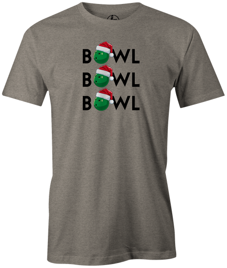 Tis' the season for Christmas bowling tee shirts. Our "Bowl, Bowl, Bowl!" t-shirt comes in gray, red, and black colors. Show your holiday spirit with this shirt on the lanes or night out with your friends! ugly sweater Bowling gift holiday gift guide. Tee-shirt gift. red and green