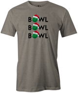 Tis' the season for Christmas bowling tee shirts. Our "Bowl, Bowl, Bowl!" t-shirt comes in gray, red, and black colors. Show your holiday spirit with this shirt on the lanes or night out with your friends! ugly sweater Bowling gift holiday gift guide. Tee-shirt gift. red and green