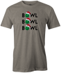 Tis' the season for Christmas bowling tee shirts. Our "Bowl, Bowl, Bowl!" t-shirt comes in gray, red, and black colors. Show your holiday spirit with this shirt on the lanes or night out with your friends! ugly sweater Bowling gift holiday gift guide. Tee-shirt gift. red and green