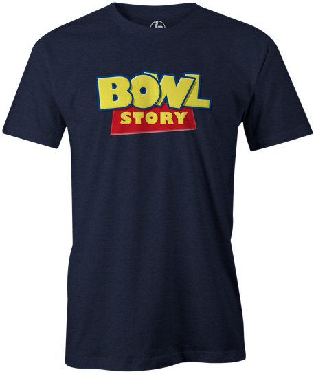 Bowl Story Men's Bowling t-shrit, Navy, movie, toy story, classic, vintage, cool, awesome, tee-shirt, tees, tee shirt, apparel, merch, league bowling team shirt, tournament shirt, woody, andy, mr. potato head, rex.