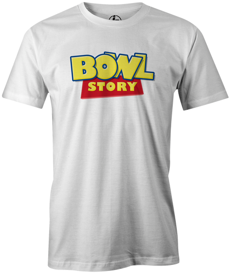 Bowl Story Men's Bowling t-shrit, White, movie, toy story, classic, vintage, cool, awesome, tee-shirt, tees, tee shirt, apparel, merch, league bowling team shirt, tournament shirt, woody, andy, mr. potato head, rex.