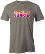 Bowling Junkie It's addicting and you don't care who knows you love bowling! Dunkin Donuts and coffee Gather up your friends, snag this cool t-shirt and hit the lanes for a fun night out! This shirt is also the perfect gift for anyone who loves to bowl! League bowling tshirt, Team shirt, T-shirt, tee-shirt, tshirt. Novelty. Funny t-shirt. Gray
