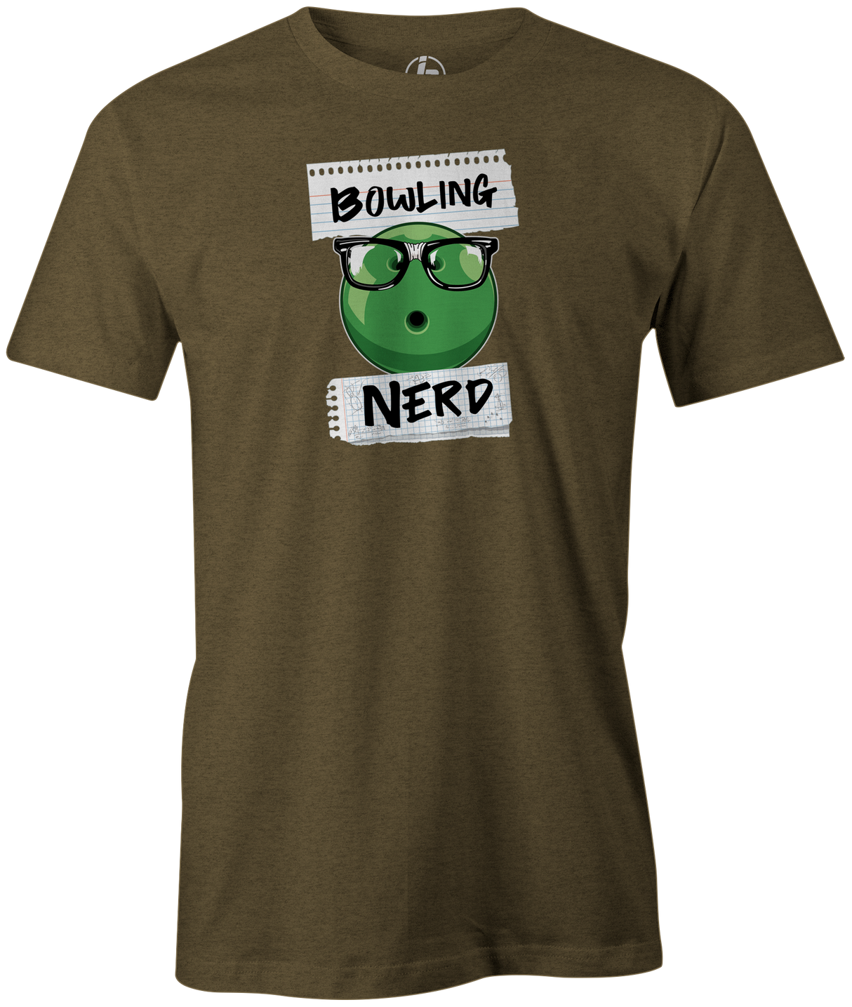 Bowling Nerd Men's bowling shirt, army green, funny, cool, t-shirt, tee, tee-shirt, tees, apparel, merch, novelty, vintage, league bowling team shirt, tournaments, pba, usbc, pwba, bowling balls, lanes patterns, free shipping, discount, cheap.