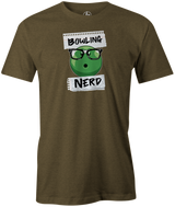 Bowling Nerd Men's bowling shirt, army green, funny, cool, t-shirt, tee, tee-shirt, tees, apparel, merch, novelty, vintage, league bowling team shirt, tournaments, pba, usbc, pwba, bowling balls, lanes patterns, free shipping, discount, cheap.