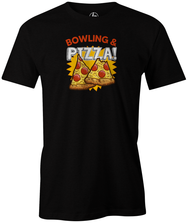 Bowling & Pizza Men's Bowling shirt, black, tee, tee-shirt, tee shirt, apparel, merch, cool, funny, vintage, gift, present, cheap, discount, free shipping, lifestlye, food, snack bar, delicious.