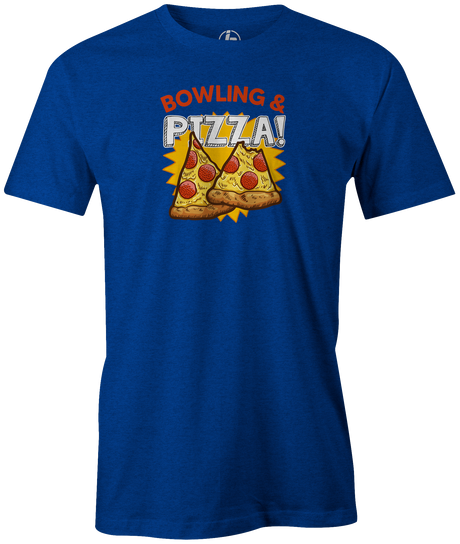 Bowling & Pizza Men's Bowling shirt, blue, tee, tee-shirt, tee shirt, apparel, merch, cool, funny, vintage, gift, present, cheap, discount, free shipping, lifestlye, food, snack bar, delicious.