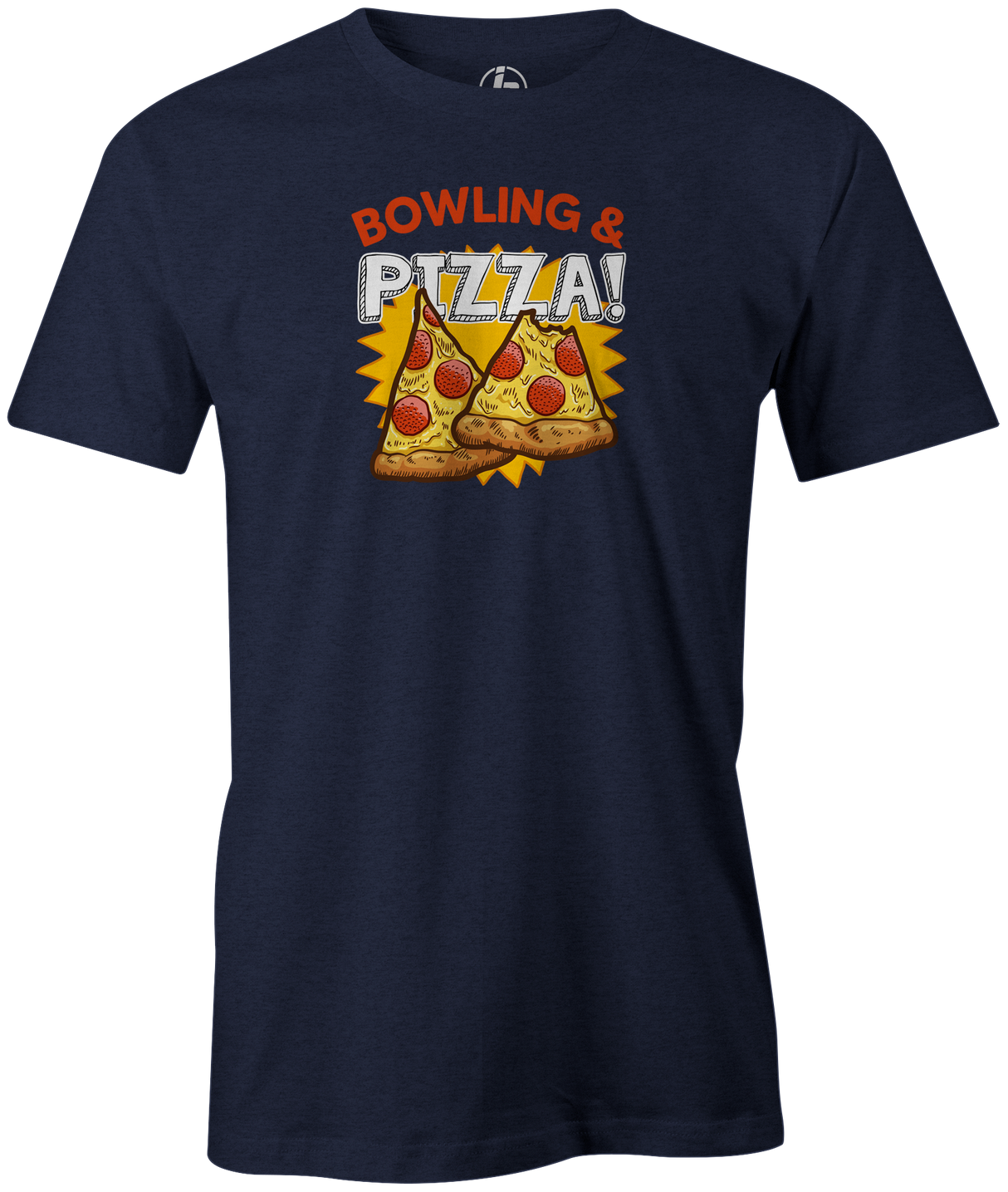 Bowling & Pizza Men's Bowling shirt, navy, tee, tee-shirt, tee shirt, apparel, merch, cool, funny, vintage, gift, present, cheap, discount, free shipping, lifestlye, food, snack bar, delicious.