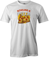 Bowling & Pizza Men's Bowling shirt, white, tee, tee-shirt, tee shirt, apparel, merch, cool, funny, vintage, gift, present, cheap, discount, free shipping, lifestlye, food, snack bar, delicious.