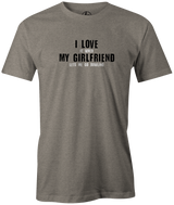 It's always nice to have someone who respects your bowling time. Rock this sharp Bowling girlfriend t-shirt and show the world how cool she is. This tee is the perfect gift. black, navy or charcoal. gift, birthday present. charcoal, navy, blue. tees, discount, cheap, free shipping. coupon code. discount. gray
