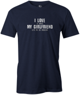 It's always nice to have someone who respects your bowling time. Rock this sharp Bowling girlfriend t-shirt and show the world how cool she is. This tee is the perfect gift. black, navy or charcoal. gift, birthday present. charcoal, navy, blue. tees, discount, cheap, free shipping. coupon code. discount. navy