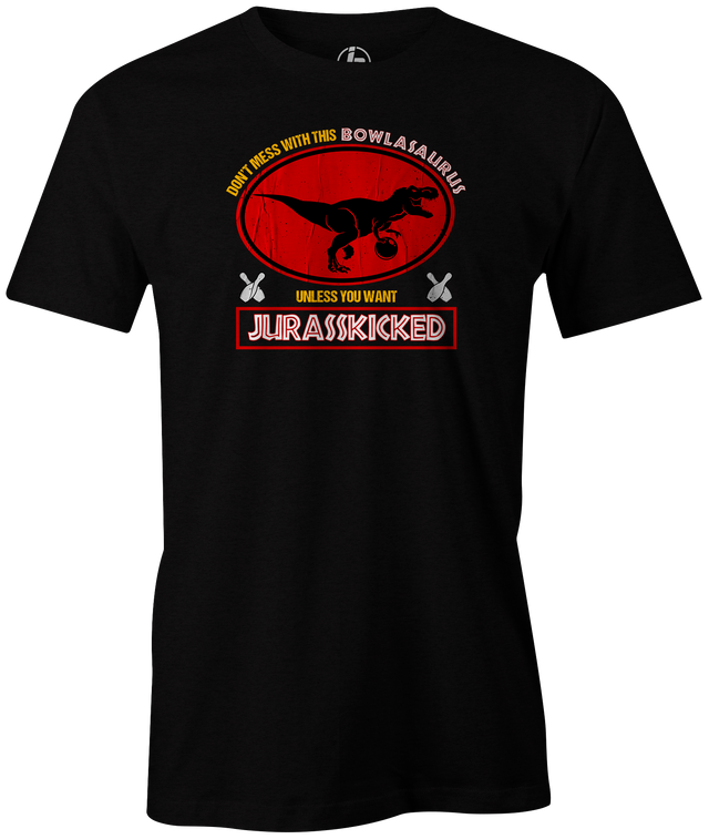 JURASSKICKED! Don't mess with BowlAsaurus or you'll get your ASS KICKED!  If you're a fan of the classic Jurassic Park movies, this is the perfect shirt for you! Show your love for dinosaurs, Jurassic Park and bowling by picking up one of these awesome Jurassikicked tees. tee-shirt, tees, tee shirt, league bowling team shirt, discount, sale, free shipping, cool, funny, vintage.