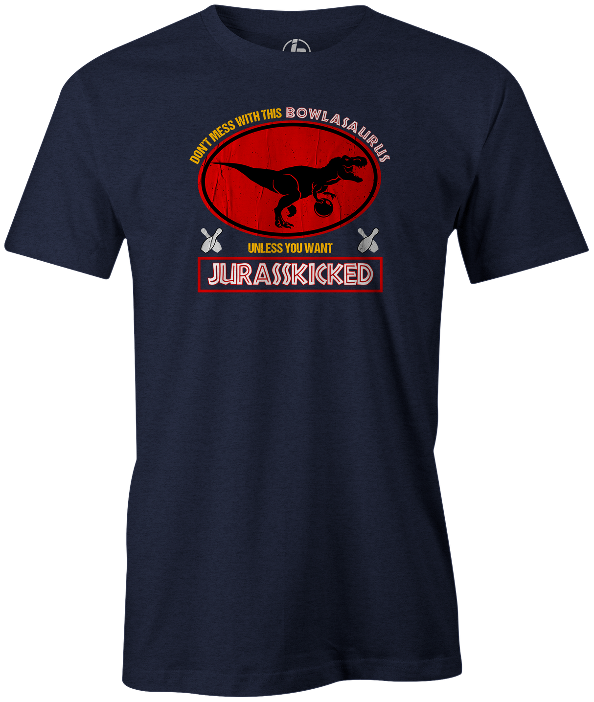 JURASSKICKED! Don't mess with BowlAsaurus or you'll get your ASS KICKED!  If you're a fan of the classic Jurassic Park movies, this is the perfect shirt for you! Show your love for dinosaurs, Jurassic Park and bowling by picking up one of these awesome Jurassikicked tees. tee-shirt, tees, tee shirt, league bowling team shirt, discount, sale, free shipping, cool, funny, vintage. navy