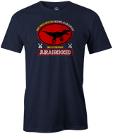 JURASSKICKED! Don't mess with BowlAsaurus or you'll get your ASS KICKED!  If you're a fan of the classic Jurassic Park movies, this is the perfect shirt for you! Show your love for dinosaurs, Jurassic Park and bowling by picking up one of these awesome Jurassikicked tees. tee-shirt, tees, tee shirt, league bowling team shirt, discount, sale, free shipping, cool, funny, vintage. navy