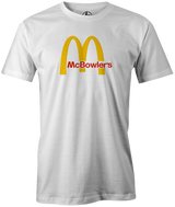 McBowler's men's bowling t-shirt, white, funny, cool, league bowling team shirt, tournament, pop culture, fast food, tee, tee shirt, tee-shirt, t shirt, merch, apparel.