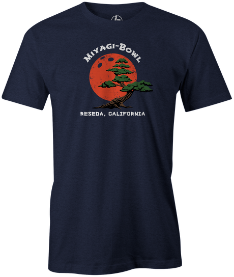 Miyagi-Bowl Men's Bowling shirt, navy, tee, tee-shirt, tee shirt, t-shirt, cool, vintage, original, mr. miyagi, free shipping, discount, cheap, coupon code. Miyagi-Bowl: Where real bowlers go. Cobra Kai, Dojo Karate Kid. Support YouTuber Louis Luna and pick up one of these cool Miyagi-Bowl t-shirts. All proceeds will go towards helping Louis with his YouTube and Bowling endeavors. tee-shirt, tees, tee shirt, discount, free shipping, cheap, league bowling team shirt, coupon, pba, pwba, usbc, original.