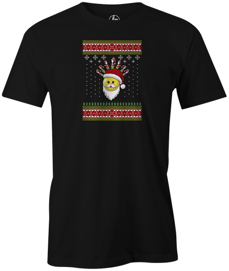 Tis' the season for ugly Christmas bowling tee shirt sweaters. Our The Santa Ball tee!  ugly t-shirt comes in red and black colors. Show your holiday spirit with this shirt that helps you hook the ball at your office party or night out with your friends!  Bowling gift holiday gift guide. Tee-shirt gift. Christmas Tree