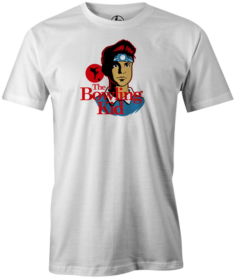 The Bowling Kid Men's bowling shirt, white, tee, tee-shirt, tees, t-shirt, cool, the karate kid, movies and television, pop culture, vintage, league bowling team shirt, free shipping, discount, cheap, coupon, merch, apparel.